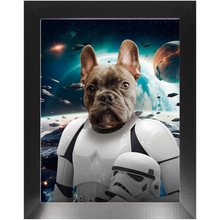 Load image into Gallery viewer, STORM BLOOPER IN SPACE - Storm Trooper & Star Wars Inspired Custom Pet Portrait Framed Satin Paper Print