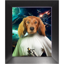 Load image into Gallery viewer, PRINCESS LAYABOUT IN SPACE - Princess Leia & Star Wars Inspired Custom Pet Portrait Framed Satin Paper Print