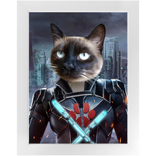 Load image into Gallery viewer, Black Aznite - Black Widow Superhero Inspired Custom Pet Portrait Framed Satin Paper Print