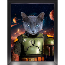 Load image into Gallery viewer, BOB AND FETCH IN SPACE - Boba Fett & Star Wars Inspired Custom Pet Portrait Framed Satin Paper Print
