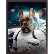 Load image into Gallery viewer, STORM BLOOPER IN SPACE - Storm Trooper & Star Wars Inspired Custom Pet Portrait Framed Satin Paper Print