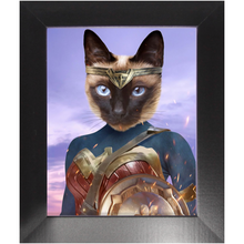 Load image into Gallery viewer, Wonder Wotsup - Wonder Woman, Superhero Inspired Custom Pet Portrait Framed Satin Paper Print