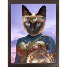Load image into Gallery viewer, Wonder Wotsup - Wonder Woman, Superhero Inspired Custom Pet Portrait Framed Satin Paper Print