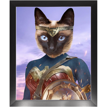 Load image into Gallery viewer, Wonder Wotsup - Wonder Woman, Superhero Inspired Custom Pet Portrait Framed Satin Paper Print