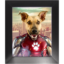 Load image into Gallery viewer, Iron Mutt - Iron Man Superhero Inspired Custom Pet Portrait Framed Satin Paper Print