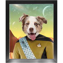 Load image into Gallery viewer, LIEUTENANT WOOF - Star Trek Inspired Custom Pet Portrait Framed Satin Paper Print