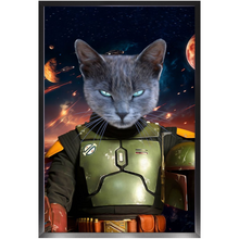 Load image into Gallery viewer, BOB AND FETCH IN SPACE - Boba Fett & Star Wars Inspired Custom Pet Portrait Framed Satin Paper Print