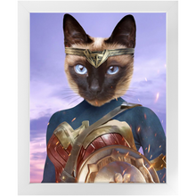 Load image into Gallery viewer, Wonder Wotsup - Wonder Woman, Superhero Inspired Custom Pet Portrait Framed Satin Paper Print