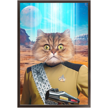 Load image into Gallery viewer, LIEUTENANT WOOF - BEAMING DOWN - Star Trek Inspired Custom Pet Portrait Framed Satin Paper Print