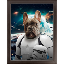 Load image into Gallery viewer, STORM BLOOPER IN SPACE - Storm Trooper & Star Wars Inspired Custom Pet Portrait Framed Satin Paper Print