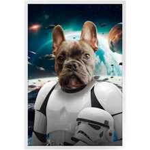 Load image into Gallery viewer, STORM BLOOPER IN SPACE - Storm Trooper & Star Wars Inspired Custom Pet Portrait Framed Satin Paper Print