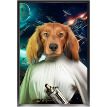 Load image into Gallery viewer, PRINCESS LAYABOUT IN SPACE - Princess Leia & Star Wars Inspired Custom Pet Portrait Framed Satin Paper Print