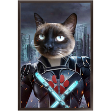 Load image into Gallery viewer, Black Aznite - Black Widow Superhero Inspired Custom Pet Portrait Framed Satin Paper Print