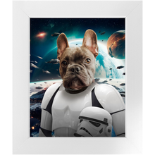 Load image into Gallery viewer, STORM BLOOPER IN SPACE - Storm Trooper & Star Wars Inspired Custom Pet Portrait Framed Satin Paper Print