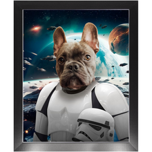 Load image into Gallery viewer, STORM BLOOPER IN SPACE - Storm Trooper & Star Wars Inspired Custom Pet Portrait Framed Satin Paper Print