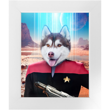 Load image into Gallery viewer, CAPTAIN RUNAWAY - BEAMING DOWN - Star Trek Inspired Custom Pet Portrait Framed Satin Paper Print
