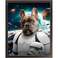 Load image into Gallery viewer, STORM BLOOPER IN SPACE - Storm Trooper & Star Wars Inspired Custom Pet Portrait Framed Satin Paper Print