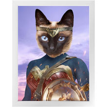 Load image into Gallery viewer, Wonder Wotsup - Wonder Woman, Superhero Inspired Custom Pet Portrait Framed Satin Paper Print