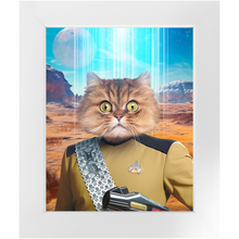 Load image into Gallery viewer, LIEUTENANT WOOF - BEAMING DOWN - Star Trek Inspired Custom Pet Portrait Framed Satin Paper Print