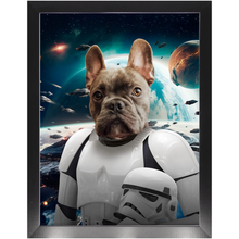 Load image into Gallery viewer, STORM BLOOPER IN SPACE - Storm Trooper & Star Wars Inspired Custom Pet Portrait Framed Satin Paper Print