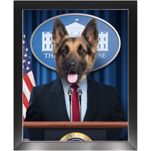 Load image into Gallery viewer, Pawsential - Dog As President Custom Pet Portrait Framed Satin Paper Print