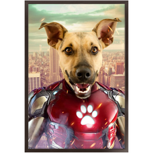 Load image into Gallery viewer, Iron Mutt - Iron Man Superhero Inspired Custom Pet Portrait Framed Satin Paper Print