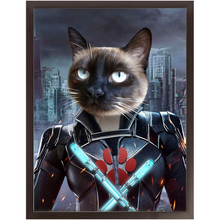Load image into Gallery viewer, Black Aznite - Black Widow Superhero Inspired Custom Pet Portrait Framed Satin Paper Print