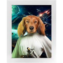 Load image into Gallery viewer, PRINCESS LAYABOUT IN SPACE - Princess Leia & Star Wars Inspired Custom Pet Portrait Framed Satin Paper Print