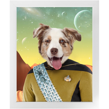 Load image into Gallery viewer, LIEUTENANT WOOF - Star Trek Inspired Custom Pet Portrait Framed Satin Paper Print
