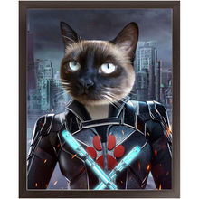 Load image into Gallery viewer, Black Aznite - Black Widow Superhero Inspired Custom Pet Portrait Framed Satin Paper Print
