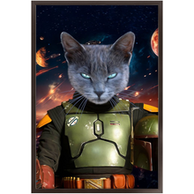 Load image into Gallery viewer, BOB AND FETCH IN SPACE - Boba Fett & Star Wars Inspired Custom Pet Portrait Framed Satin Paper Print