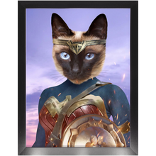 Load image into Gallery viewer, Wonder Wotsup - Wonder Woman, Superhero Inspired Custom Pet Portrait Framed Satin Paper Print