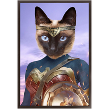 Load image into Gallery viewer, Wonder Wotsup - Wonder Woman, Superhero Inspired Custom Pet Portrait Framed Satin Paper Print