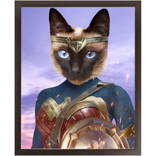 Load image into Gallery viewer, Wonder Wotsup - Wonder Woman, Superhero Inspired Custom Pet Portrait Framed Satin Paper Print