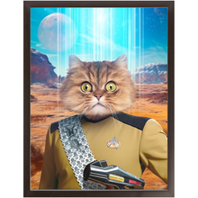 Load image into Gallery viewer, LIEUTENANT WOOF - BEAMING DOWN - Star Trek Inspired Custom Pet Portrait Framed Satin Paper Print