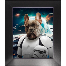 Load image into Gallery viewer, STORM BLOOPER IN SPACE - Storm Trooper & Star Wars Inspired Custom Pet Portrait Framed Satin Paper Print