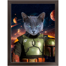 Load image into Gallery viewer, BOB AND FETCH IN SPACE - Boba Fett & Star Wars Inspired Custom Pet Portrait Framed Satin Paper Print