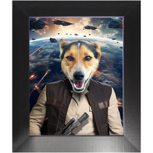 Load image into Gallery viewer, HAM SOSAGE IN SPACE - Hans Solo & Star Wars Inspired Custom Pet Portrait Framed Satin Paper Print