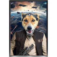 Load image into Gallery viewer, HAM SOSAGE IN SPACE - Hans Solo & Star Wars Inspired Custom Pet Portrait Framed Satin Paper Print