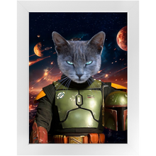 Load image into Gallery viewer, BOB AND FETCH IN SPACE - Boba Fett & Star Wars Inspired Custom Pet Portrait Framed Satin Paper Print