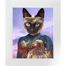 Load image into Gallery viewer, Wonder Wotsup - Wonder Woman, Superhero Inspired Custom Pet Portrait Framed Satin Paper Print