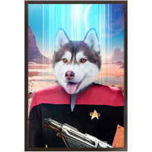 Load image into Gallery viewer, CAPTAIN RUNAWAY - BEAMING DOWN - Star Trek Inspired Custom Pet Portrait Framed Satin Paper Print