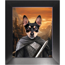 Load image into Gallery viewer, PURR-PARED FOR BATTLE - Lord of the Rings Inspired Custom Pet Portrait Framed Satin Paper Print