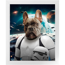 Load image into Gallery viewer, STORM BLOOPER IN SPACE - Storm Trooper & Star Wars Inspired Custom Pet Portrait Framed Satin Paper Print