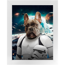 Load image into Gallery viewer, STORM BLOOPER IN SPACE - Storm Trooper & Star Wars Inspired Custom Pet Portrait Framed Satin Paper Print