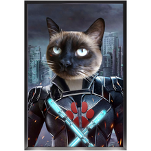 Load image into Gallery viewer, Black Aznite - Black Widow Superhero Inspired Custom Pet Portrait Framed Satin Paper Print