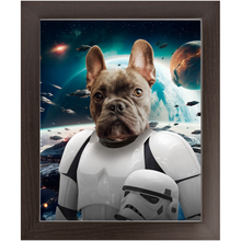 Load image into Gallery viewer, STORM BLOOPER IN SPACE - Storm Trooper & Star Wars Inspired Custom Pet Portrait Framed Satin Paper Print