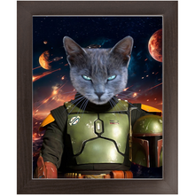 Load image into Gallery viewer, BOB AND FETCH IN SPACE - Boba Fett & Star Wars Inspired Custom Pet Portrait Framed Satin Paper Print