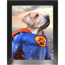 Load image into Gallery viewer, Supermutt - Superman, Superhero Inspired Custom Pet Portrait Framed Satin Paper Print