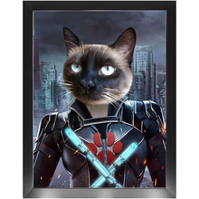 Load image into Gallery viewer, Black Aznite - Black Widow Superhero Inspired Custom Pet Portrait Framed Satin Paper Print